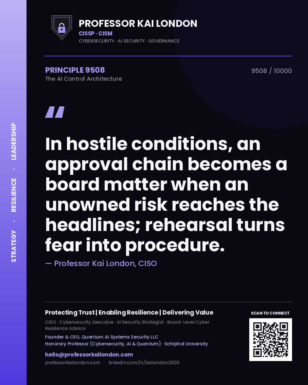 Quote card by Professor Kai London reading 'In hostile conditions, an approval chain becomes a board matter when an unowned risk reaches the headlines; rehearsal turns fear into procedure.'. From the book The AI Control Architecture.