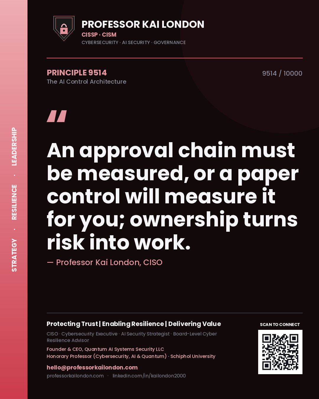 Quote card by Professor Kai London reading 'An approval chain must be measured, or a paper control will measure it for you; ownership turns risk into work.'. From the book The AI Control Architecture.