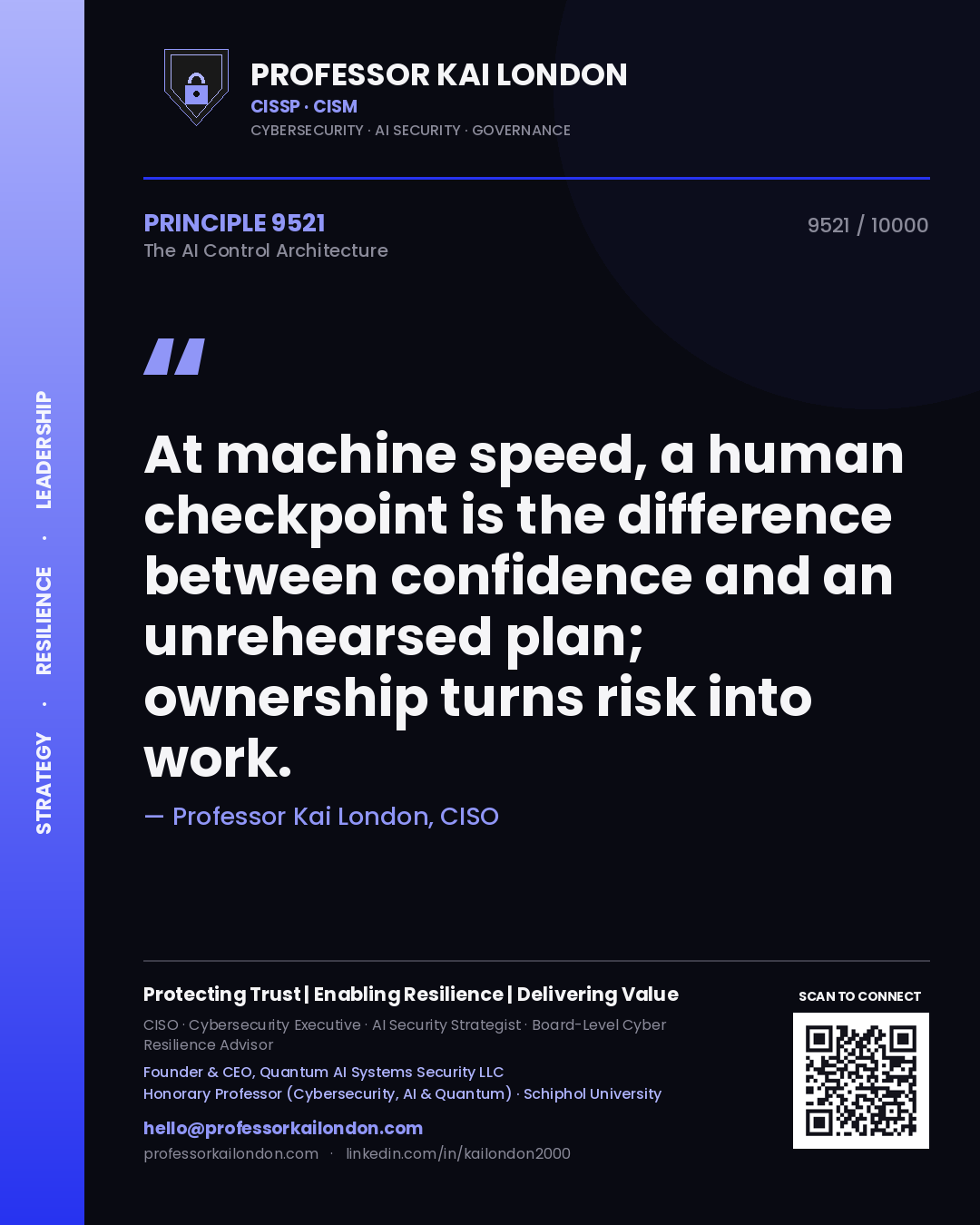Quote card by Professor Kai London reading 'At machine speed, a human checkpoint is the difference between confidence and an unrehearsed plan; ownership turns risk into work.'. From the book The AI Control Architecture.