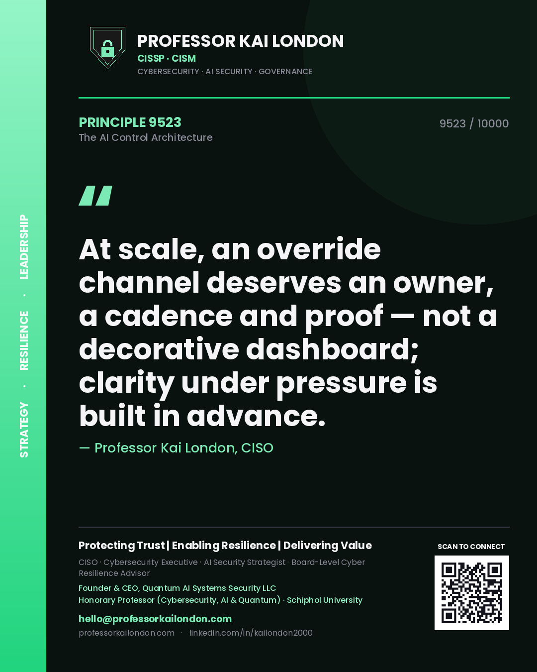 Quote card by Professor Kai London reading 'At scale, an override channel deserves an owner, a cadence and proof — not a decorative dashboard; clarity under pressure is built in advance.'. From the book The AI Control Architecture.