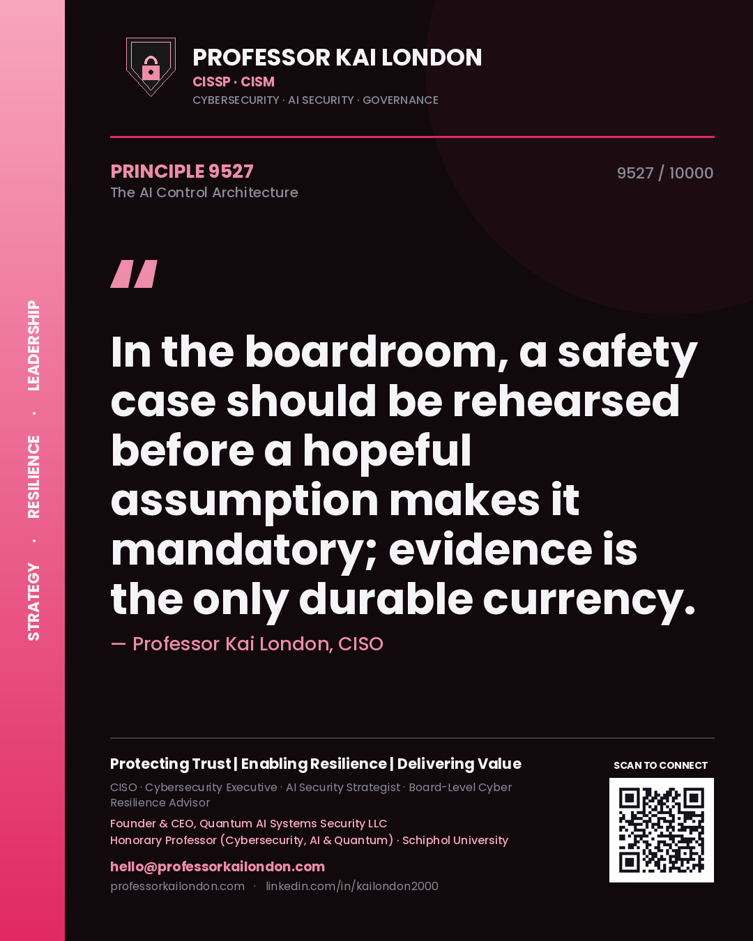 Quote card by Professor Kai London reading 'In the boardroom, a safety case should be rehearsed before a hopeful assumption makes it mandatory; evidence is the only durable currency.'. From the book The AI Control Architecture.