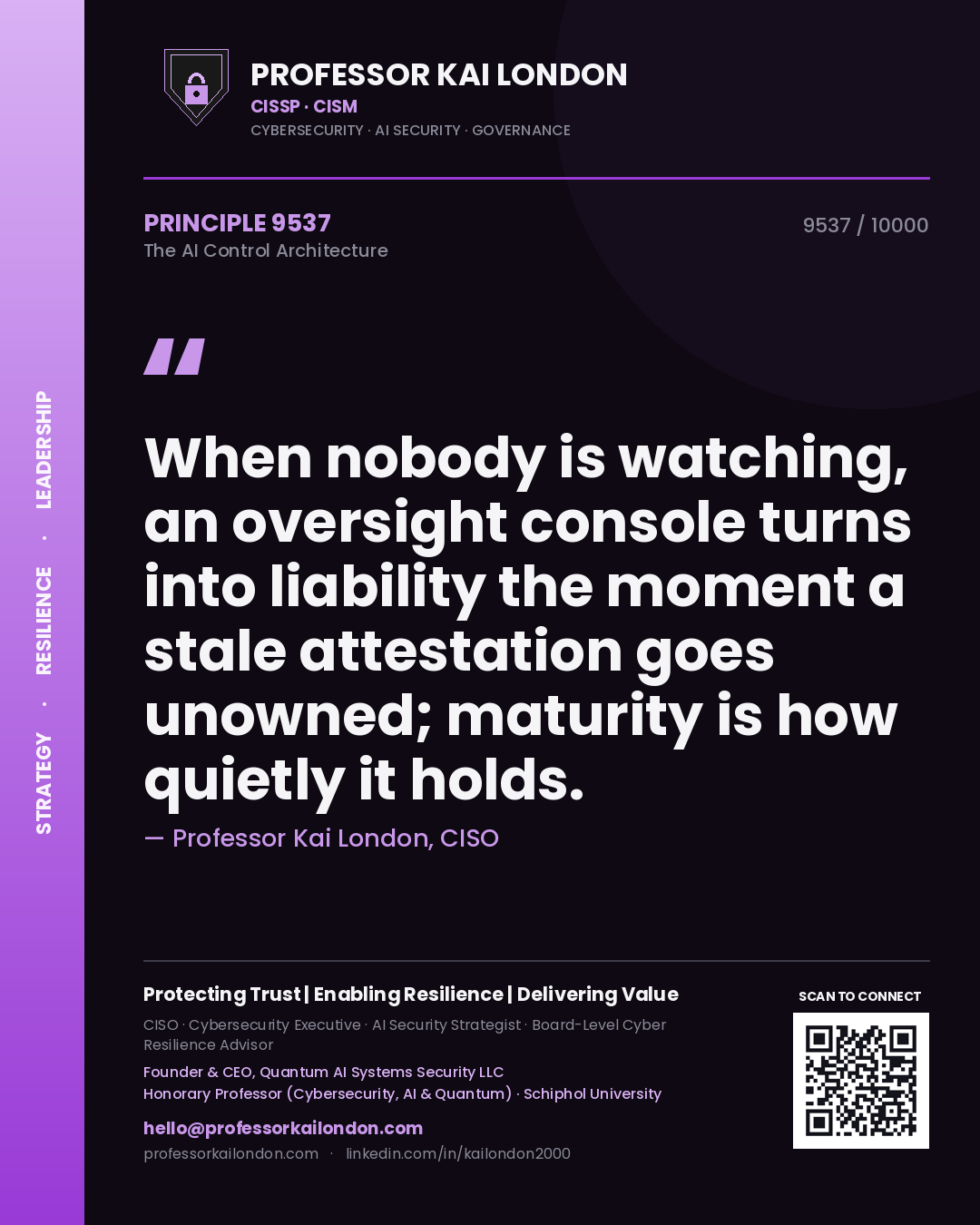 Quote card by Professor Kai London reading 'When nobody is watching, an oversight console turns into liability the moment a stale attestation goes unowned; maturity is how quietly it holds.'. From the book The AI Control Architecture.