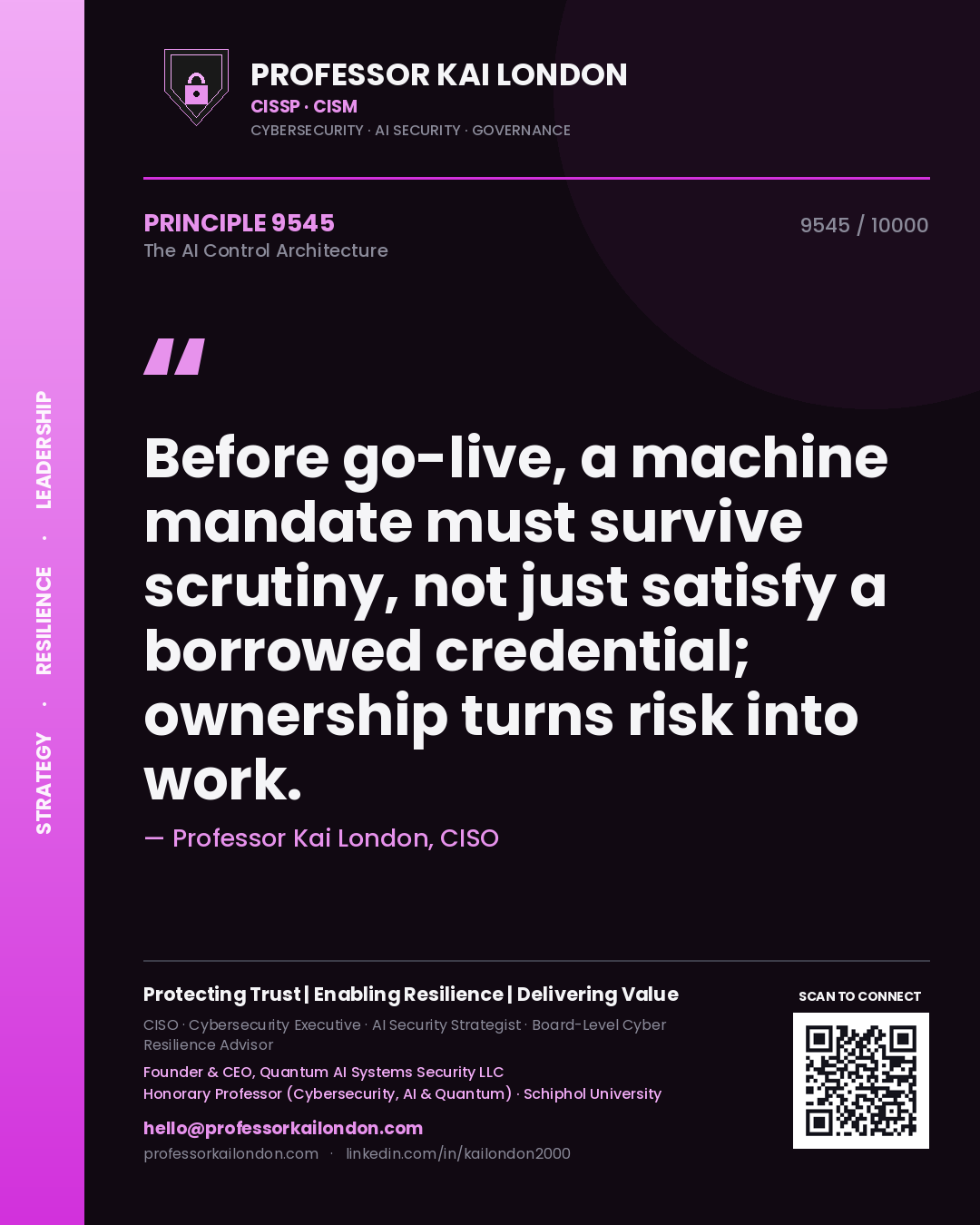 Quote card by Professor Kai London reading 'Before go-live, a machine mandate must survive scrutiny, not just satisfy a borrowed credential; ownership turns risk into work.'. From the book The AI Control Architecture.