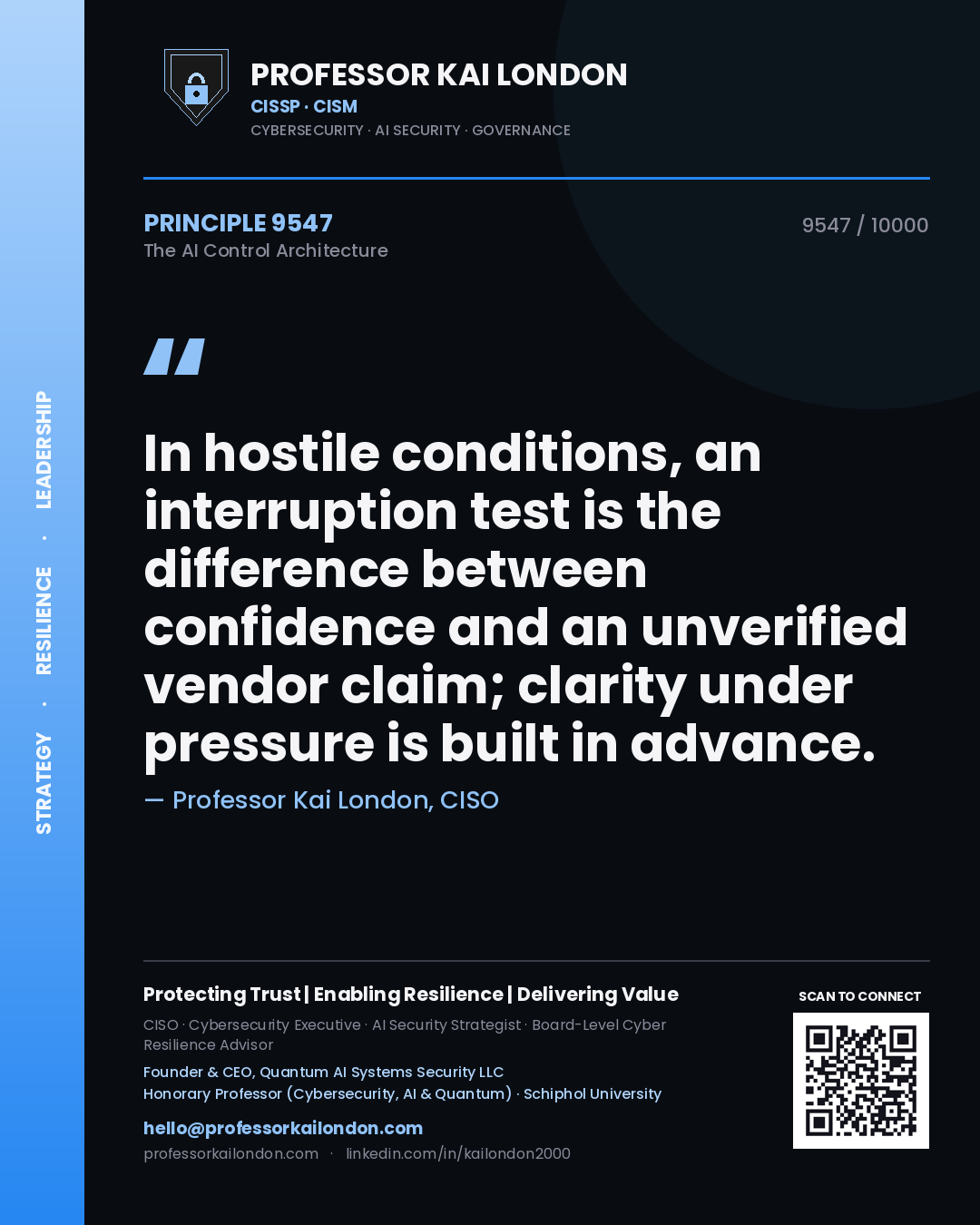 Quote card by Professor Kai London reading 'In hostile conditions, an interruption test is the difference between confidence and an unverified vendor claim; clarity under pressure is built in advance.'. From the book The AI Control Architecture.