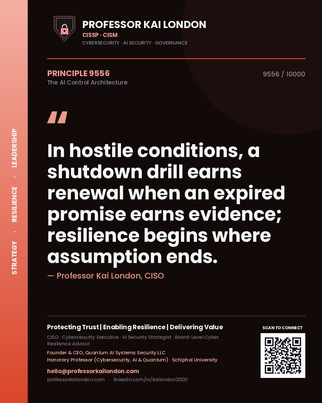 Quote card by Professor Kai London reading 'In hostile conditions, a shutdown drill earns renewal when an expired promise earns evidence; resilience begins where assumption ends.'. From the book The AI Control Architecture.