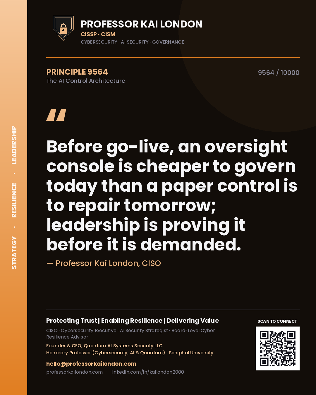 Quote card by Professor Kai London reading 'Before go-live, an oversight console is cheaper to govern today than a paper control is to repair tomorrow; leadership is proving it before it is demanded.'. From the book The AI Control Architecture.