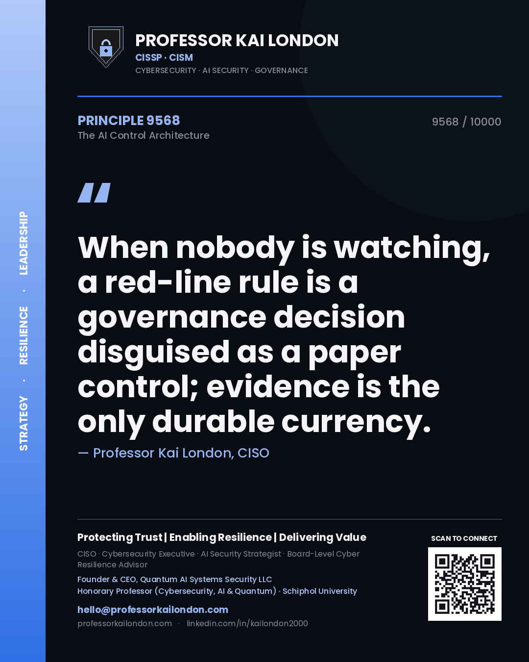 Quote card by Professor Kai London reading 'When nobody is watching, a red-line rule is a governance decision disguised as a paper control; evidence is the only durable currency.'. From the book The AI Control Architecture.