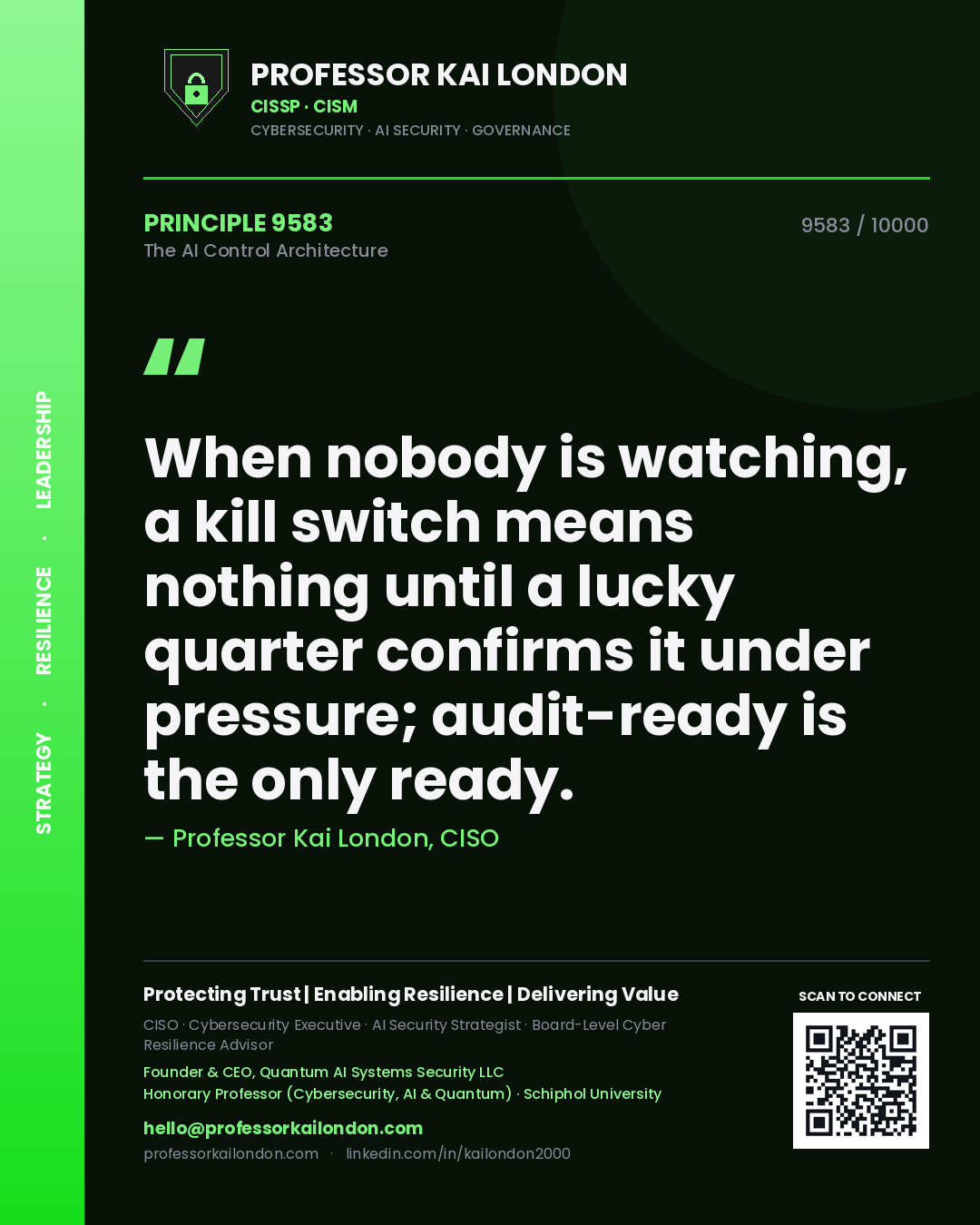 Quote card by Professor Kai London reading 'When nobody is watching, a kill switch means nothing until a lucky quarter confirms it under pressure; audit-ready is the only ready.'. From the book The AI Control Architecture.