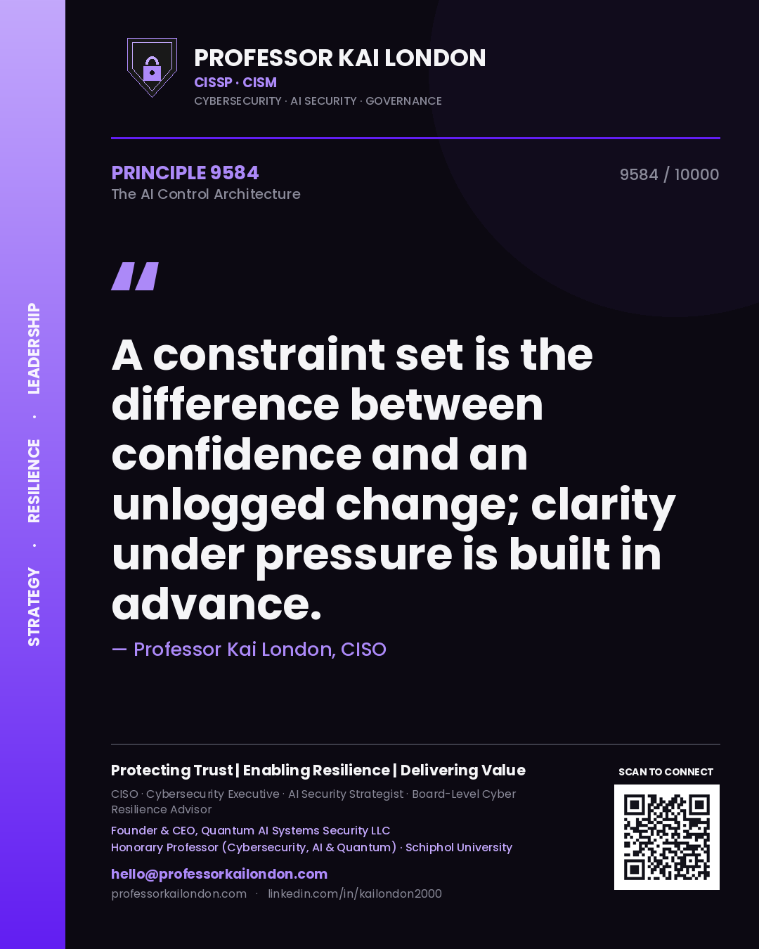 Quote card by Professor Kai London reading 'A constraint set is the difference between confidence and an unlogged change; clarity under pressure is built in advance.'. From the book The AI Control Architecture.