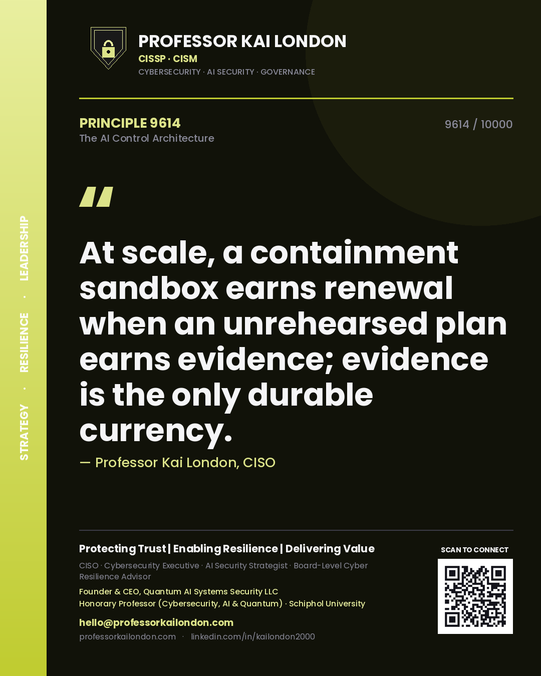 Quote card by Professor Kai London reading 'At scale, a containment sandbox earns renewal when an unrehearsed plan earns evidence; evidence is the only durable currency.'. From the book The AI Control Architecture.