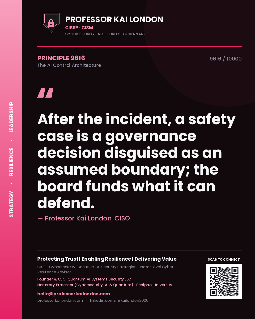 Quote card by Professor Kai London reading 'After the incident, a safety case is a governance decision disguised as an assumed boundary; the board funds what it can defend.'. From the book The AI Control Architecture.