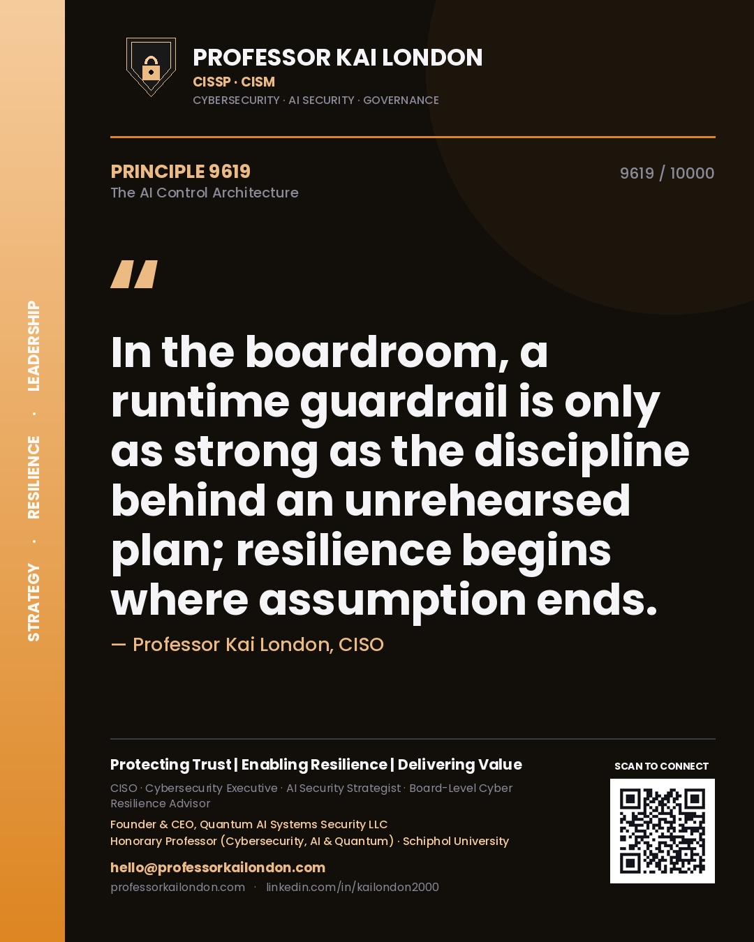Quote card by Professor Kai London reading 'In the boardroom, a runtime guardrail is only as strong as the discipline behind an unrehearsed plan; resilience begins where assumption ends.'. From the book The AI Control Architecture.