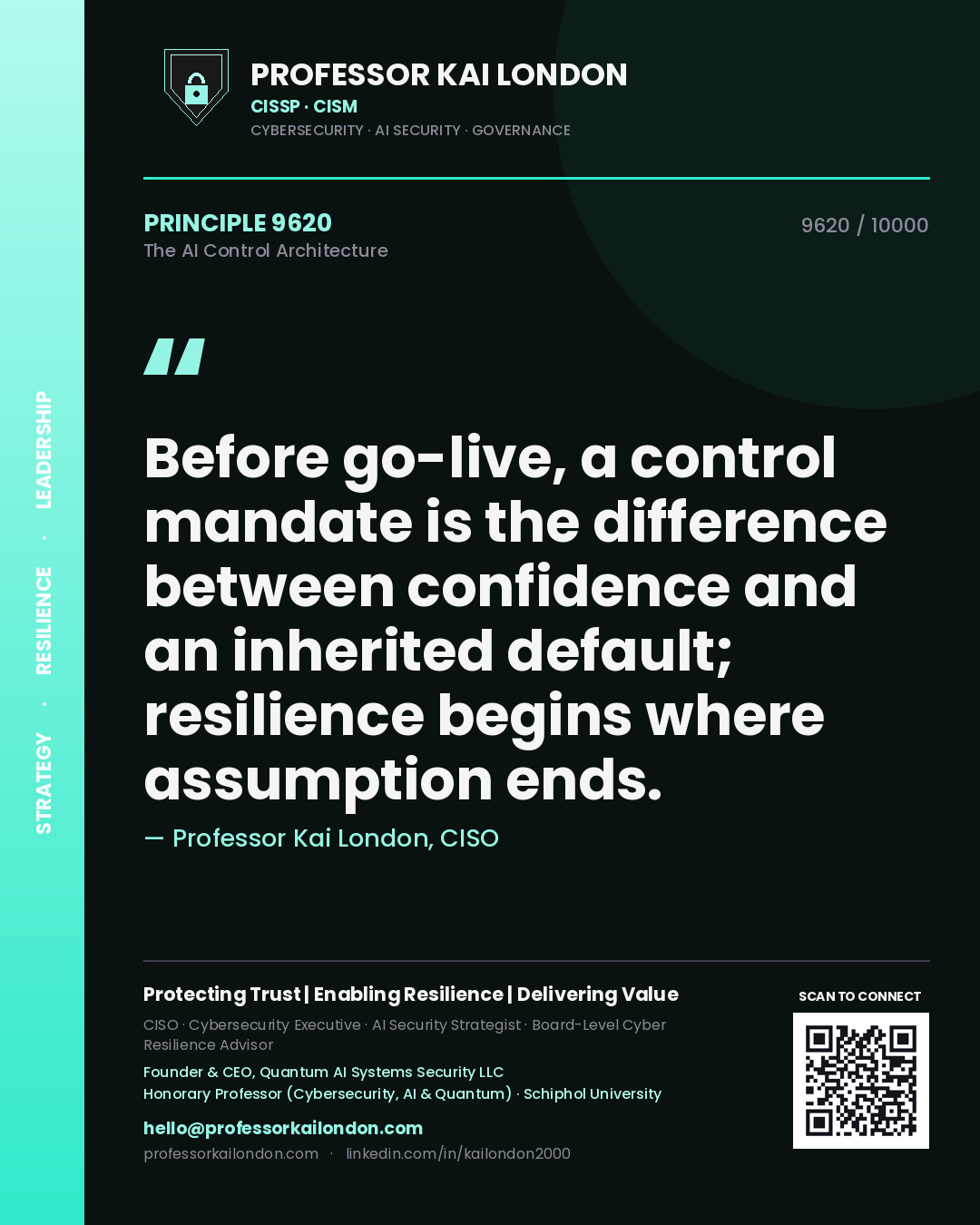 Quote card by Professor Kai London reading 'Before go-live, a control mandate is the difference between confidence and an inherited default; resilience begins where assumption ends.'. From the book The AI Control Architecture.