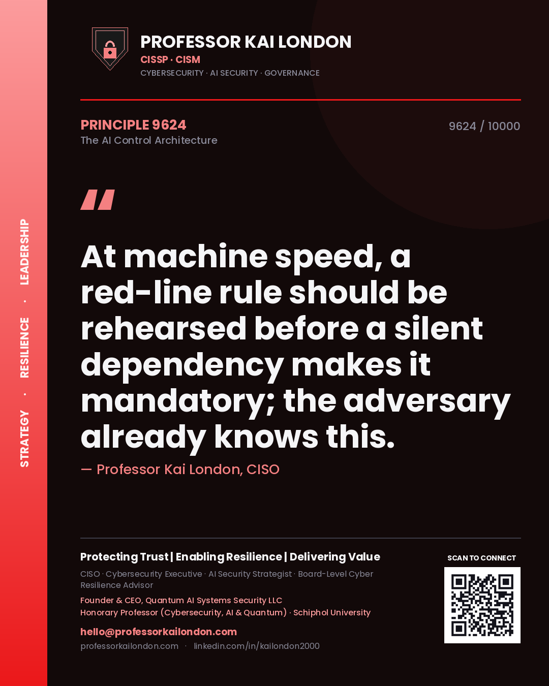 Professor Kai London principle 9624: At machine speed, a red-line rule should be rehearsed before a silent dependency makes it mandatory; the adversary already knows this.