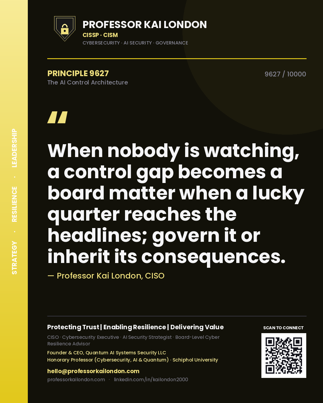 Professor Kai London principle 9627: When nobody is watching, a control gap becomes a board matter when a lucky quarter reaches the headlines; govern it or inherit its consequences.