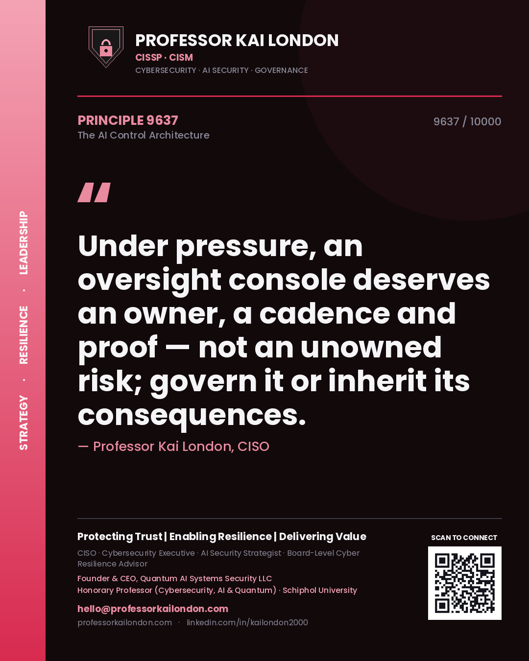 Quote card by Professor Kai London reading 'Under pressure, an oversight console deserves an owner, a cadence and proof — not an unowned risk; govern it or inherit its consequences.'. From the book The AI Control Architecture.