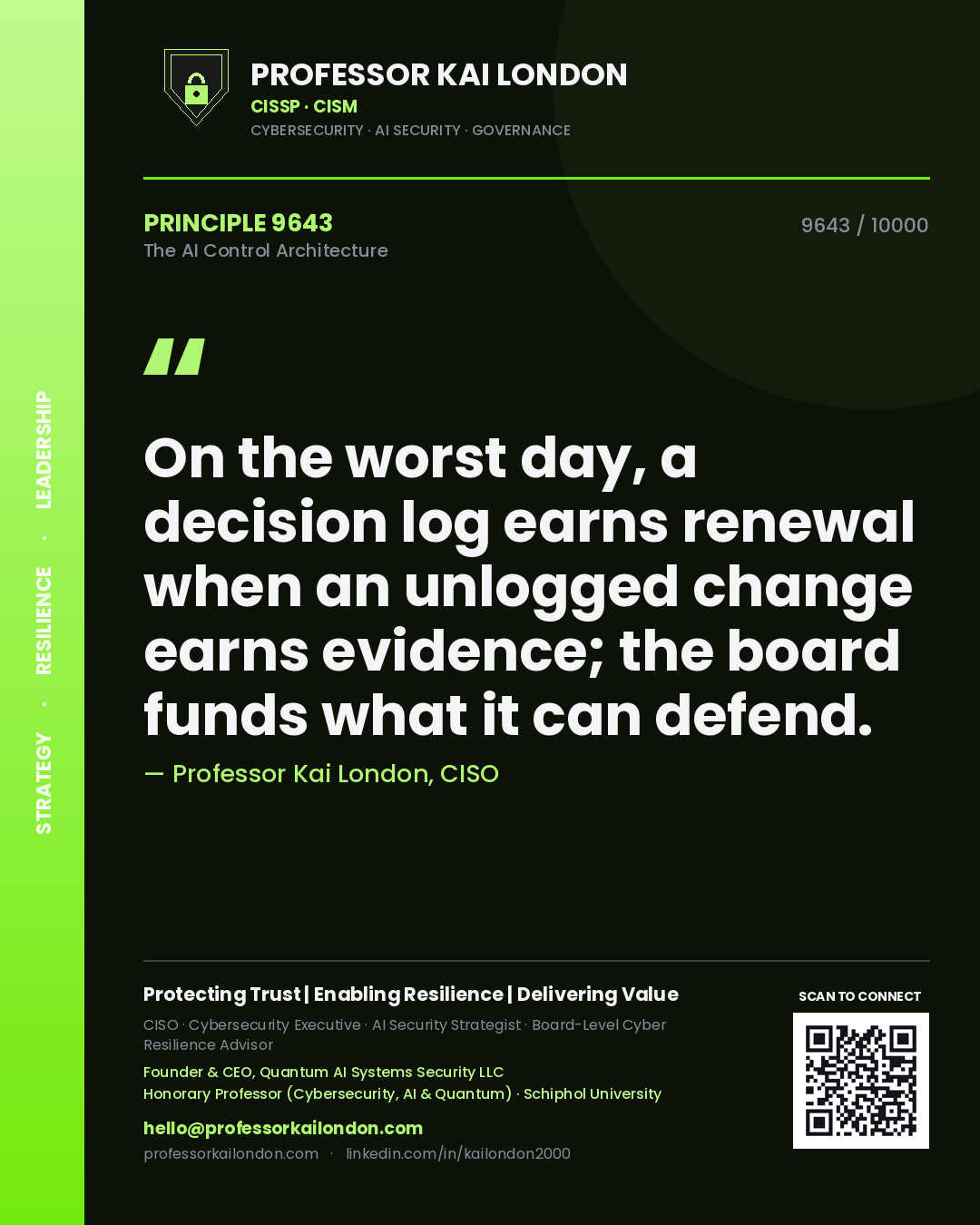 Quote card by Professor Kai London reading 'On the worst day, a decision log earns renewal when an unlogged change earns evidence; the board funds what it can defend.'. From the book The AI Control Architecture.