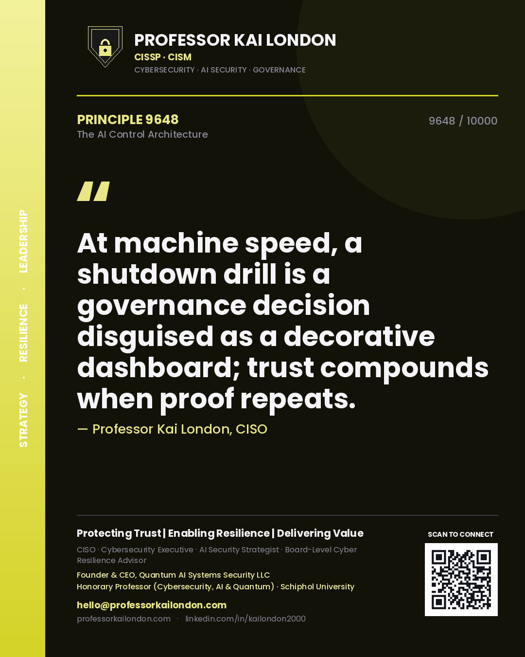 Professor Kai London principle 9648: At machine speed, a shutdown drill is a governance decision disguised as a decorative dashboard; trust compounds when proof repeats.