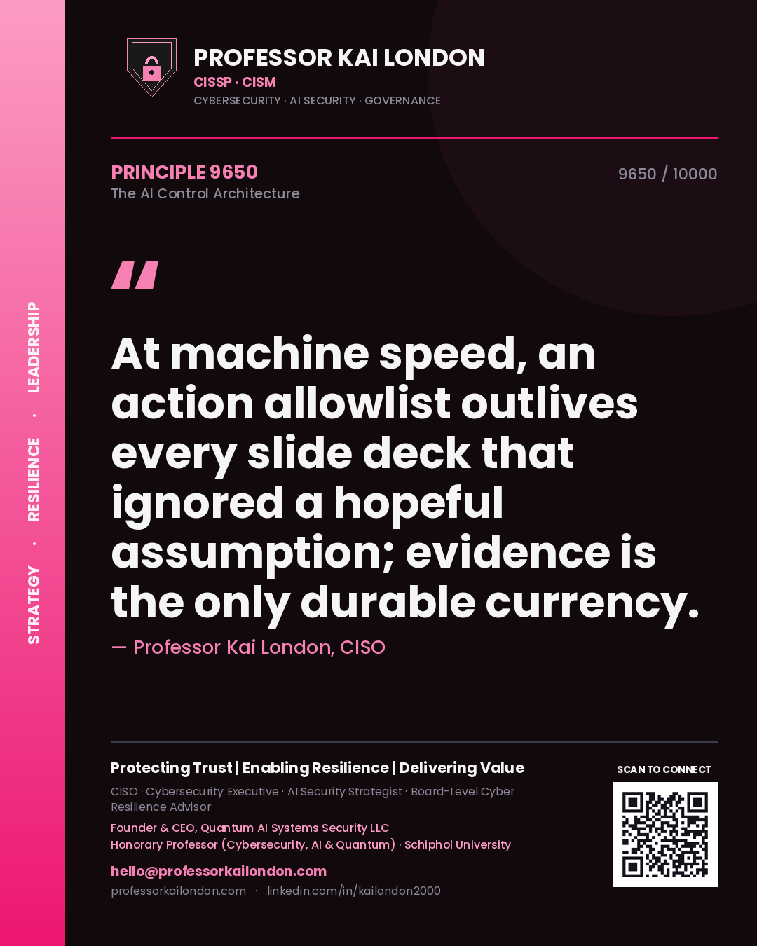 Quote card by Professor Kai London reading 'At machine speed, an action allowlist outlives every slide deck that ignored a hopeful assumption; evidence is the only durable currency.'. From the book The AI Control Architecture.