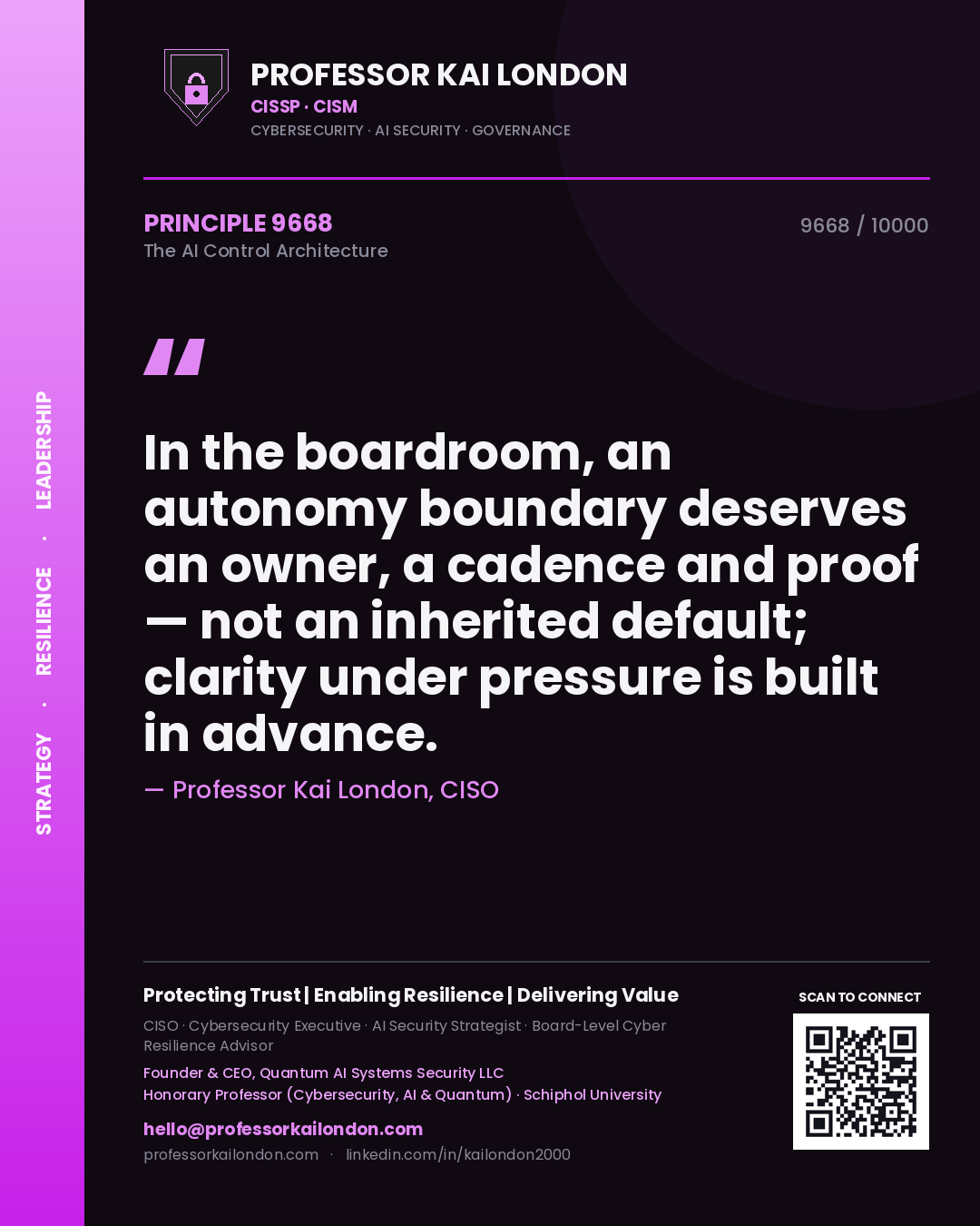 Professor Kai London principle 9668: In the boardroom, an autonomy boundary deserves an owner, a cadence and proof — not an inherited default; clarity under pressure is built in advance.