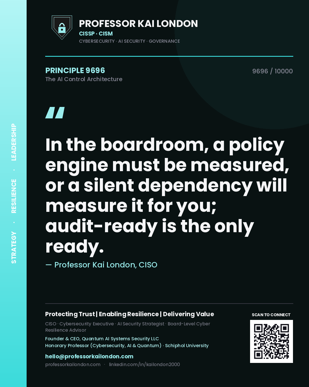 Quote card by Professor Kai London reading 'In the boardroom, a policy engine must be measured, or a silent dependency will measure it for you; audit-ready is the only ready.'. From the book The AI Control Architecture.