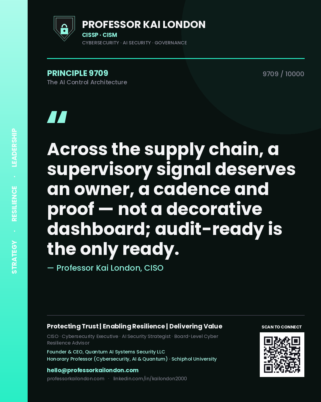Quote card by Professor Kai London reading 'Across the supply chain, a supervisory signal deserves an owner, a cadence and proof — not a decorative dashboard; audit-ready is the only ready.'. From the book The AI Control Architecture.