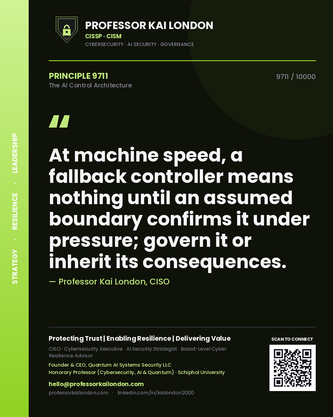 Quote card by Professor Kai London reading 'At machine speed, a fallback controller means nothing until an assumed boundary confirms it under pressure; govern it or inherit its consequences.'. From the book The AI Control Architecture.