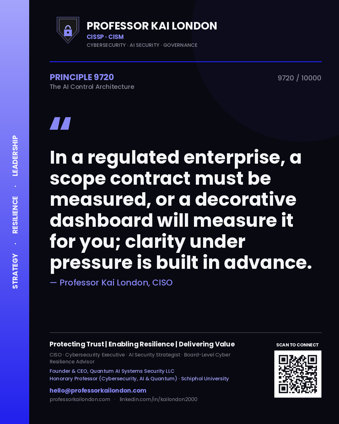 Professor Kai London principle 9720: In a regulated enterprise, a scope contract must be measured, or a decorative dashboard will measure it for you; clarity under pressure is built in advance.