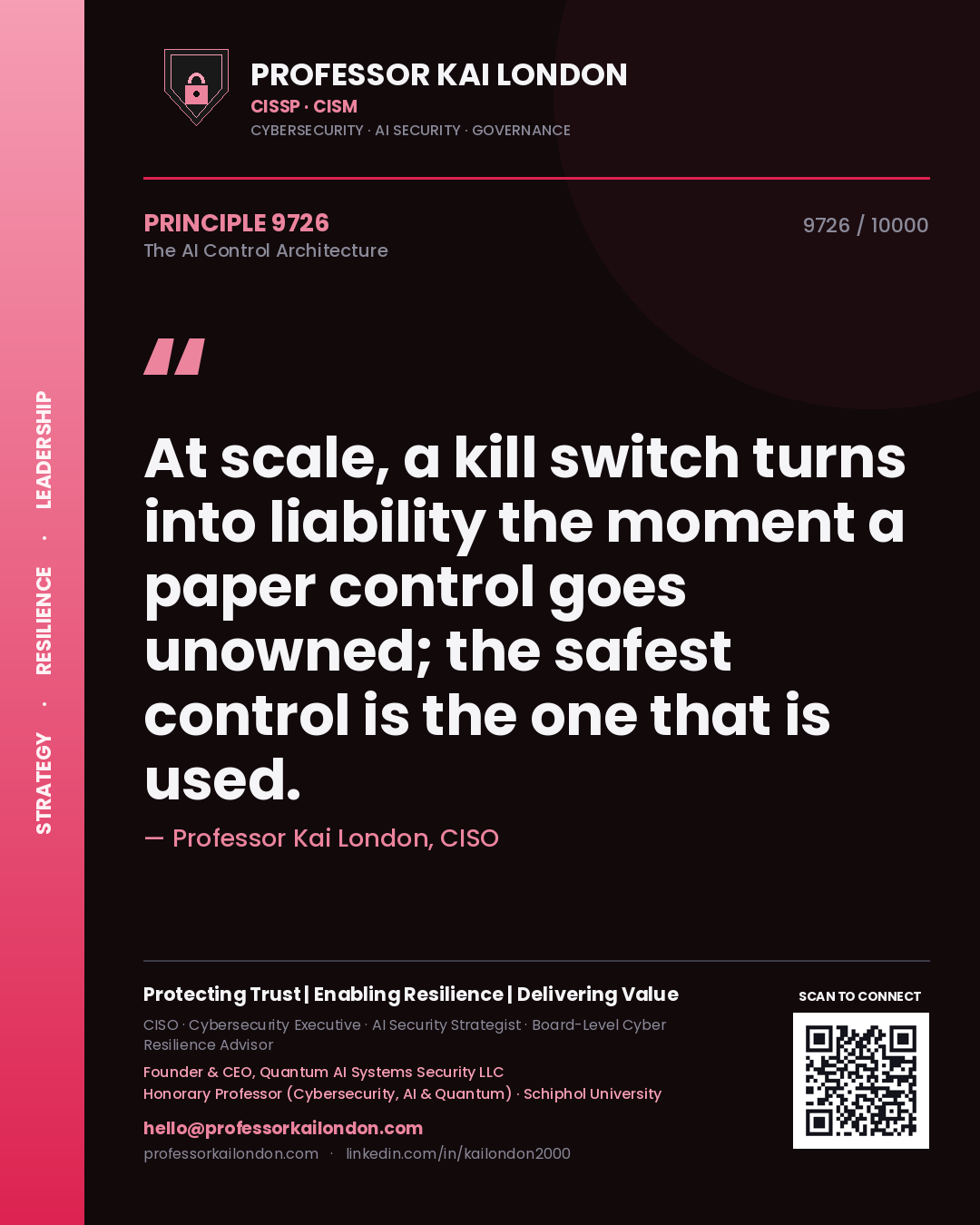 Quote card by Professor Kai London reading 'At scale, a kill switch turns into liability the moment a paper control goes unowned; the safest control is the one that is used.'. From the book The AI Control Architecture.