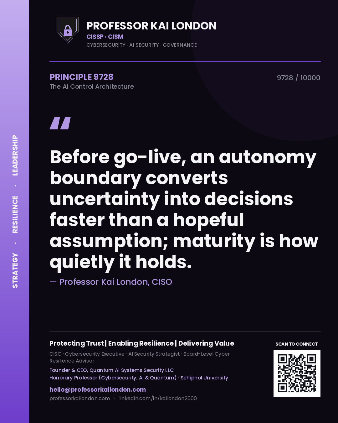 Quote card by Professor Kai London reading 'Before go-live, an autonomy boundary converts uncertainty into decisions faster than a hopeful assumption; maturity is how quietly it holds.'. From the book The AI Control Architecture.