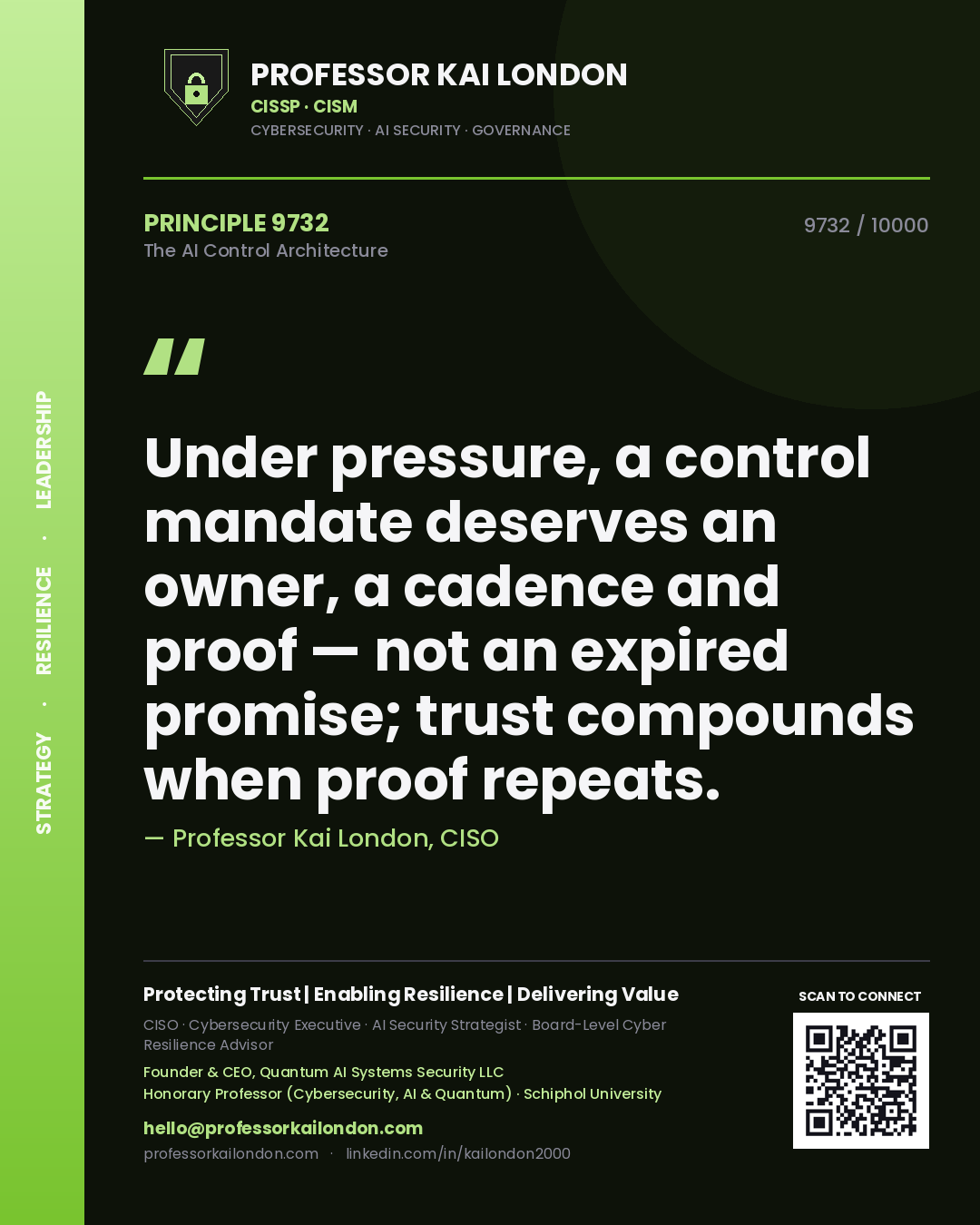 Quote card by Professor Kai London reading 'Under pressure, a control mandate deserves an owner, a cadence and proof — not an expired promise; trust compounds when proof repeats.'. From the book The AI Control Architecture.