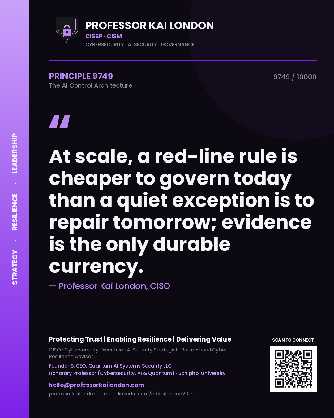 Quote card by Professor Kai London reading 'At scale, a red-line rule is cheaper to govern today than a quiet exception is to repair tomorrow; evidence is the only durable currency.'. From the book The AI Control Architecture.