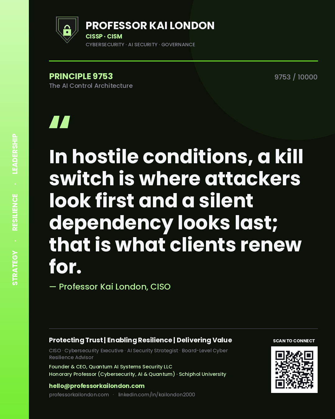 Quote card by Professor Kai London reading 'In hostile conditions, a kill switch is where attackers look first and a silent dependency looks last; that is what clients renew for.'. From the book The AI Control Architecture.