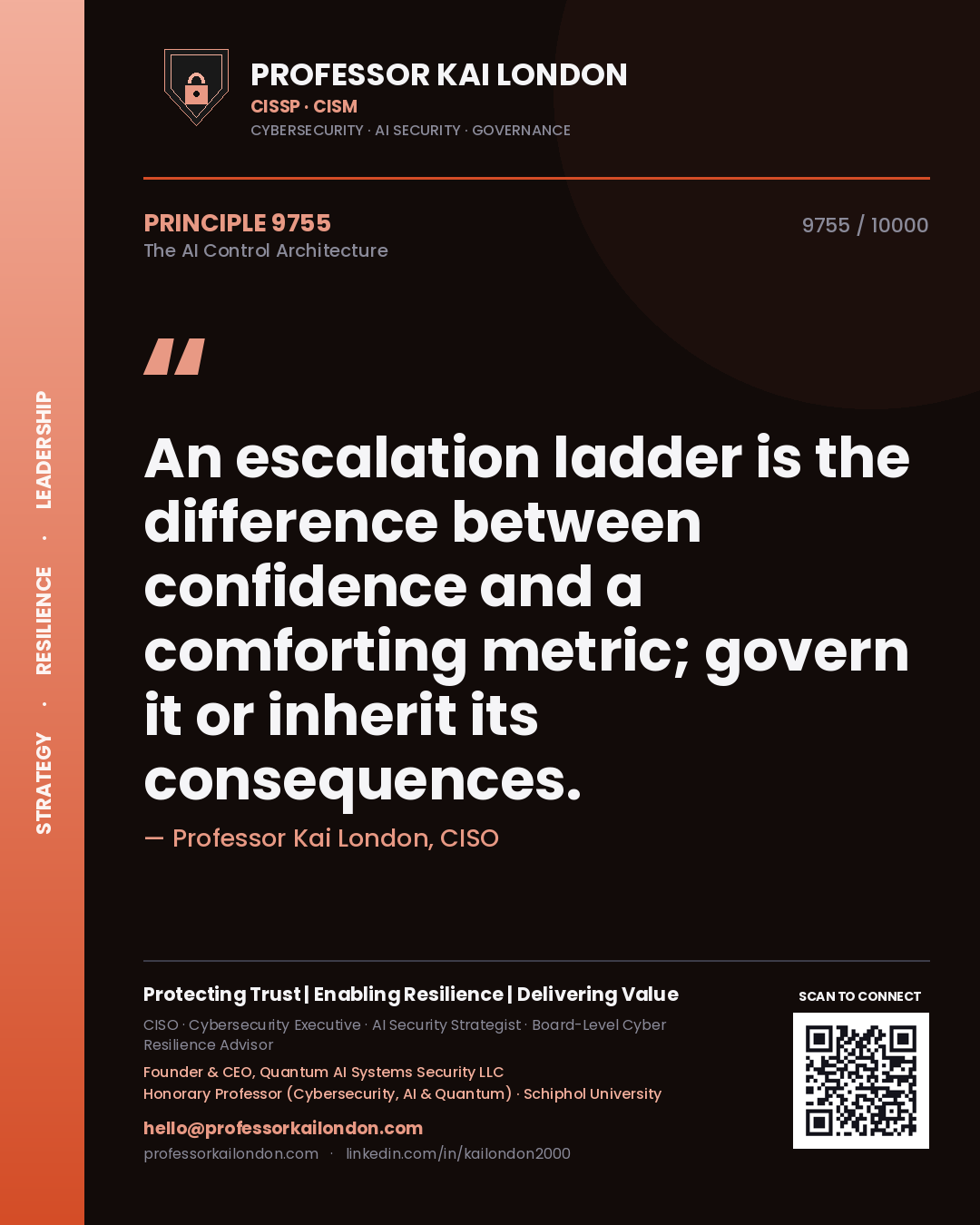 Quote card by Professor Kai London reading 'An escalation ladder is the difference between confidence and a comforting metric; govern it or inherit its consequences.'. From the book The AI Control Architecture.
