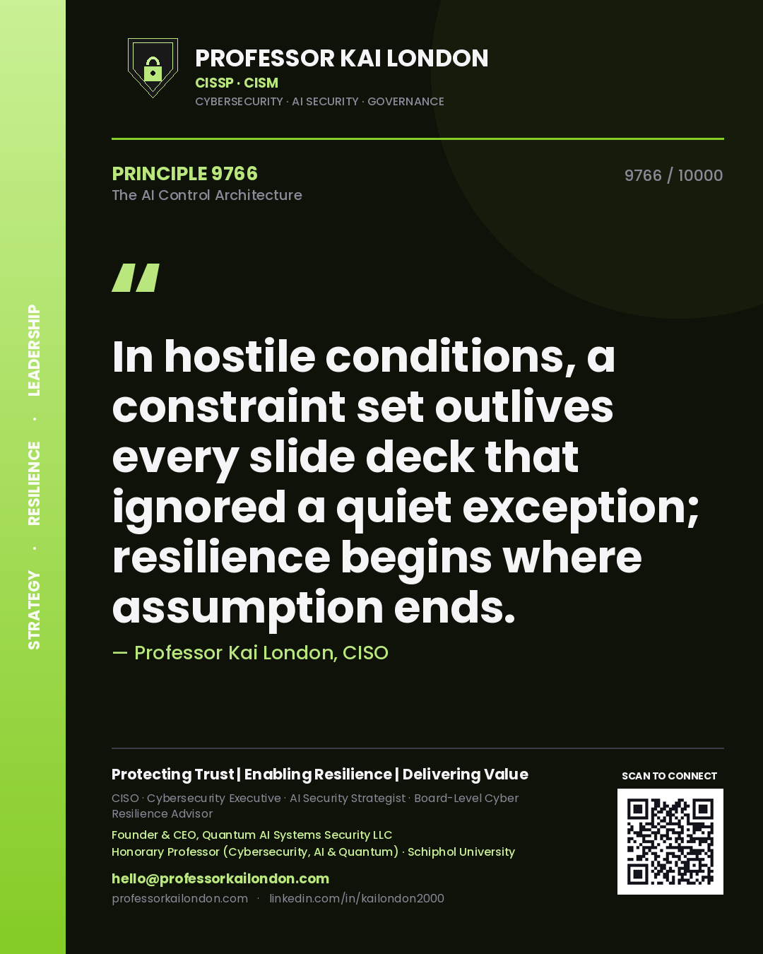 Quote card by Professor Kai London reading 'In hostile conditions, a constraint set outlives every slide deck that ignored a quiet exception; resilience begins where assumption ends.'. From the book The AI Control Architecture.