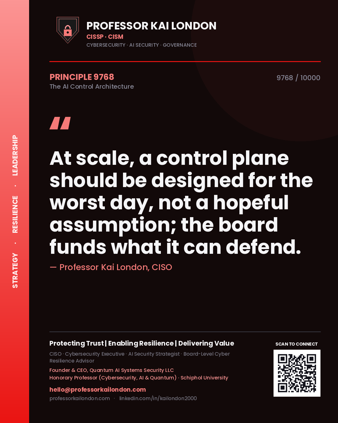 Quote card by Professor Kai London reading 'At scale, a control plane should be designed for the worst day, not a hopeful assumption; the board funds what it can defend.'. From the book The AI Control Architecture.