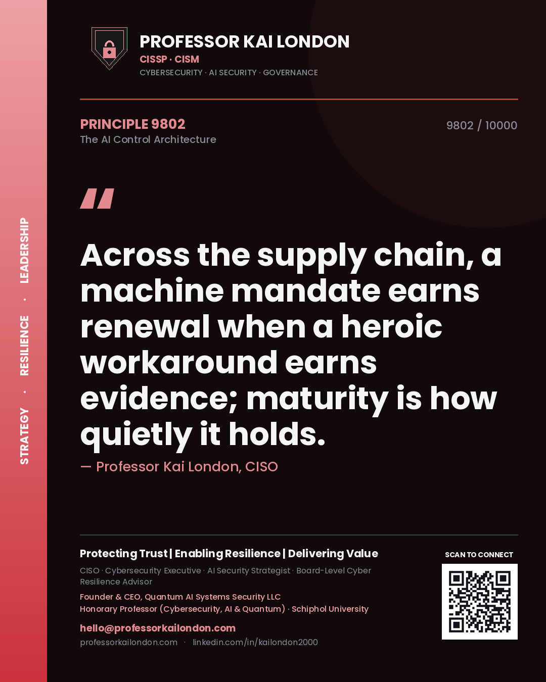 Quote card by Professor Kai London reading 'Across the supply chain, a machine mandate earns renewal when a heroic workaround earns evidence; maturity is how quietly it holds.'. From the book The AI Control Architecture.