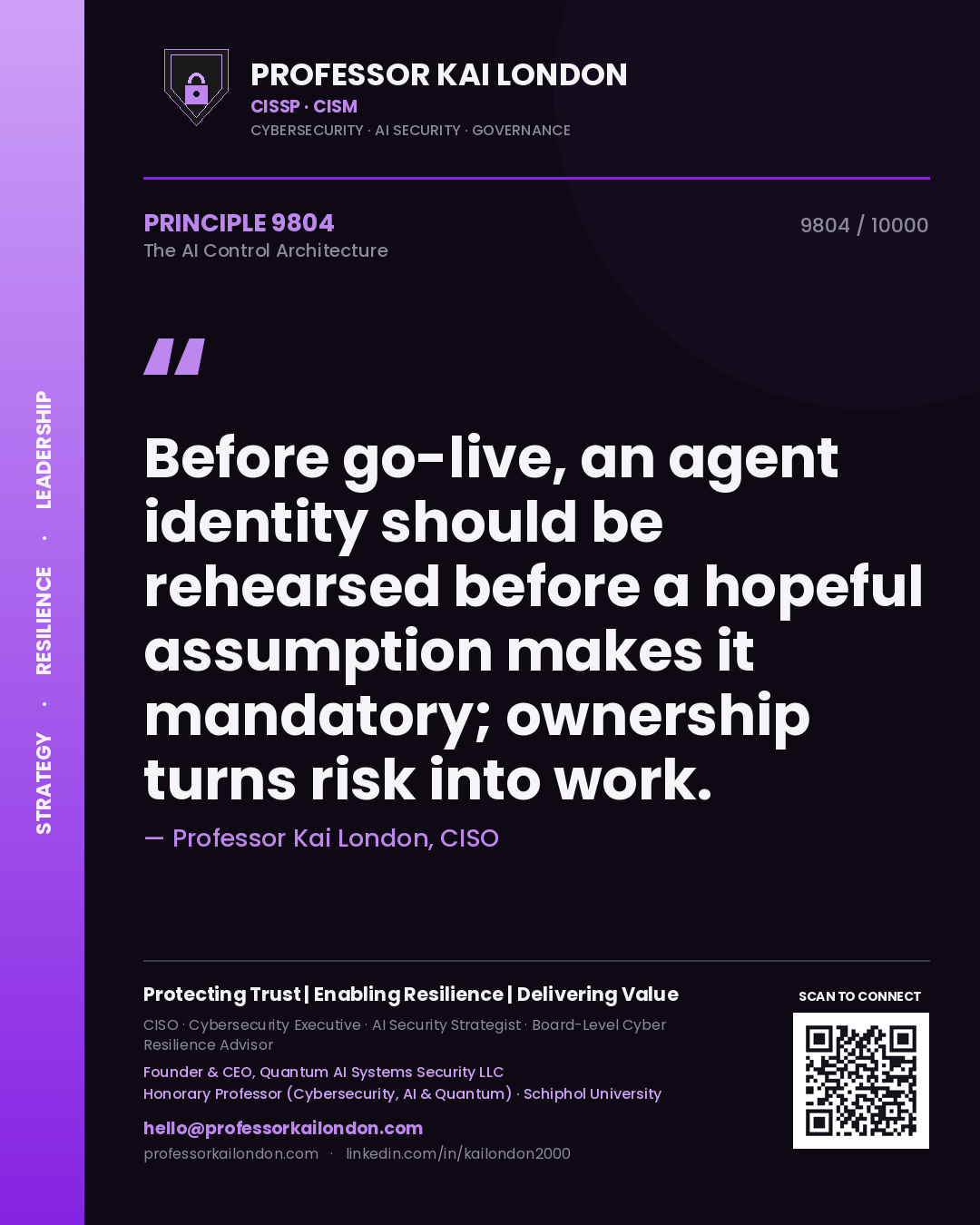 Professor Kai London principle 9804: Before go-live, an agent identity should be rehearsed before a hopeful assumption makes it mandatory; ownership turns risk into work.