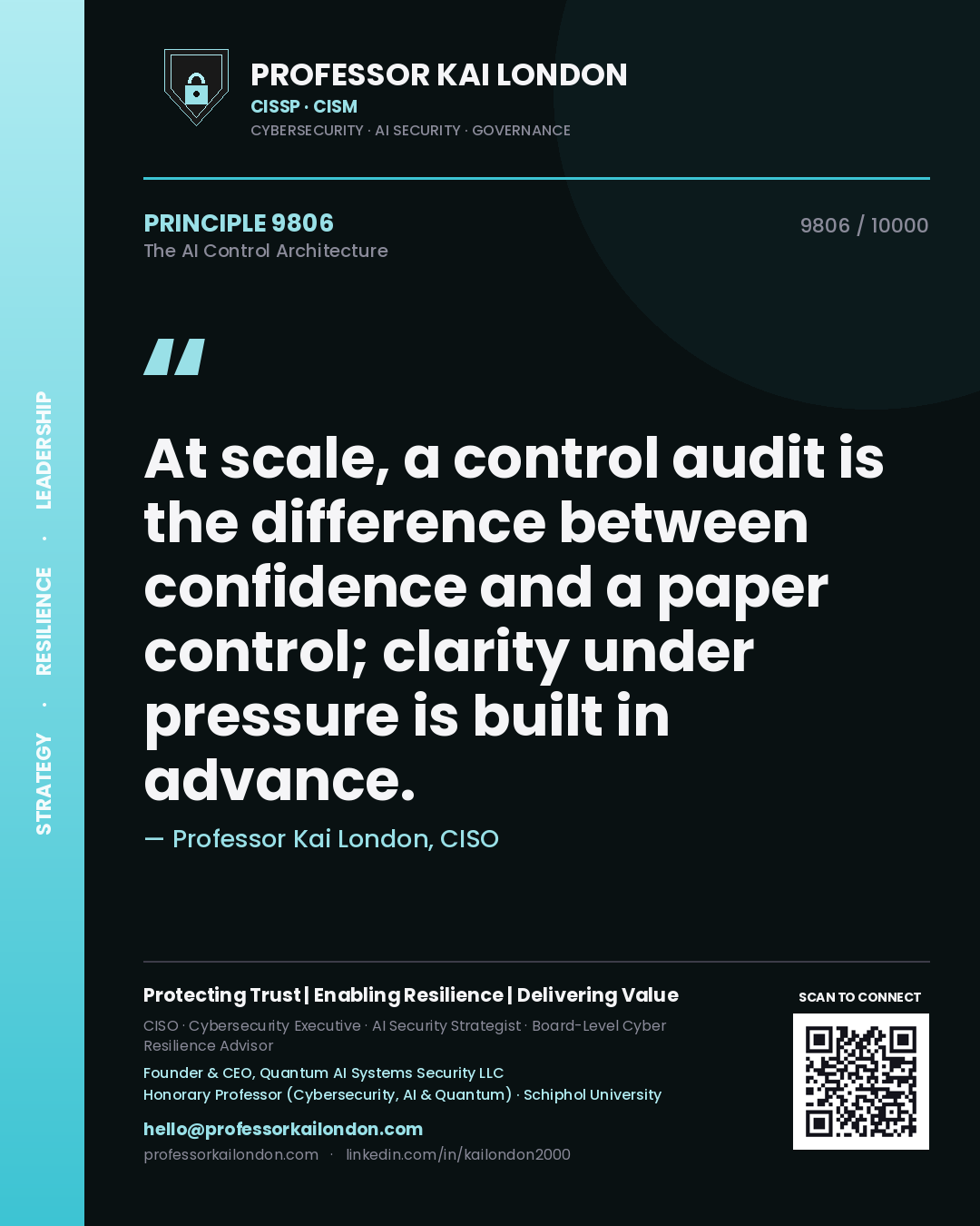 Quote card by Professor Kai London reading 'At scale, a control audit is the difference between confidence and a paper control; clarity under pressure is built in advance.'. From the book The AI Control Architecture.