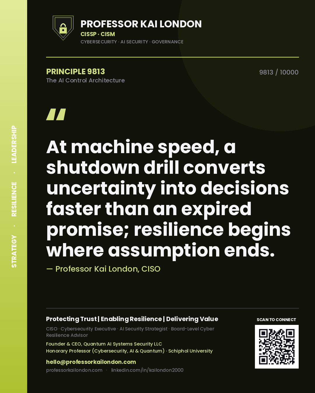 Professor Kai London principle 9813: At machine speed, a shutdown drill converts uncertainty into decisions faster than an expired promise; resilience begins where assumption ends.