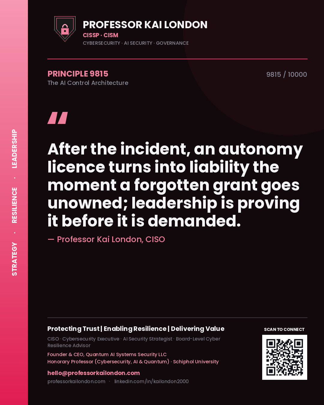 Professor Kai London principle 9815: After the incident, an autonomy licence turns into liability the moment a forgotten grant goes unowned; leadership is proving it before it is demanded.
