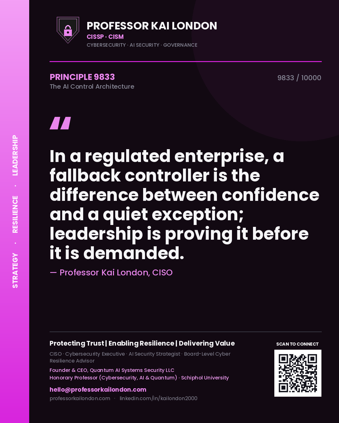 Professor Kai London principle 9833: In a regulated enterprise, a fallback controller is the difference between confidence and a quiet exception; leadership is proving it before it is demanded.