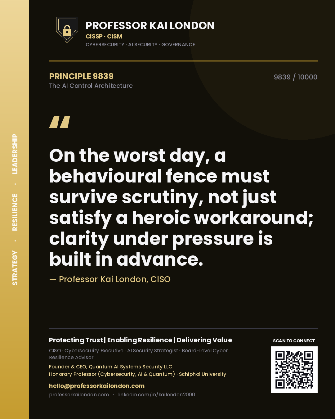 Quote card by Professor Kai London reading 'On the worst day, a behavioural fence must survive scrutiny, not just satisfy a heroic workaround; clarity under pressure is built in advance.'. From the book The AI Control Architecture.