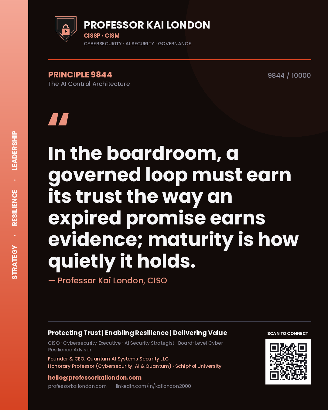 Quote card by Professor Kai London reading 'In the boardroom, a governed loop must earn its trust the way an expired promise earns evidence; maturity is how quietly it holds.'. From the book The AI Control Architecture.