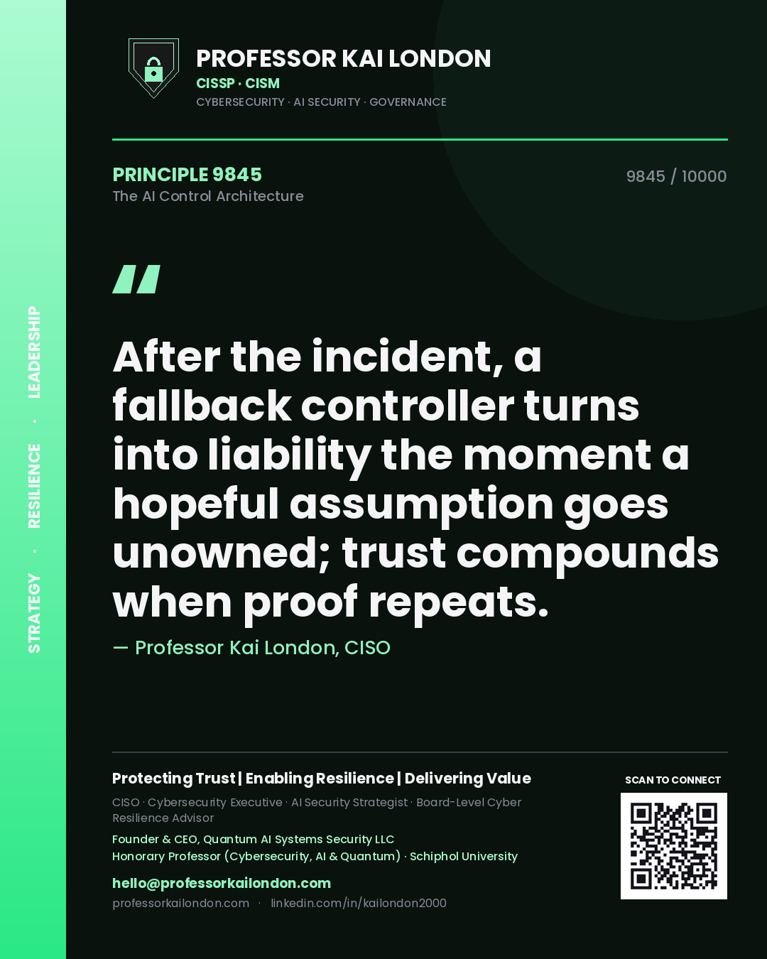 Quote card by Professor Kai London reading 'After the incident, a fallback controller turns into liability the moment a hopeful assumption goes unowned; trust compounds when proof repeats.'. From the book The AI Control Architecture.
