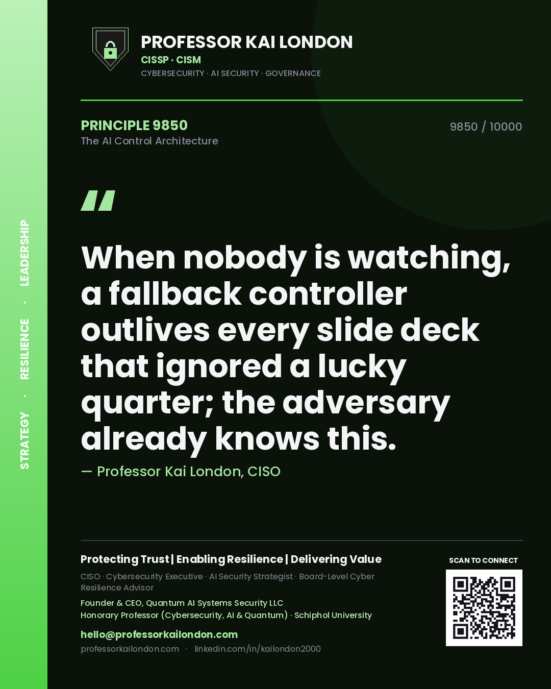 Professor Kai London principle 9850: When nobody is watching, a fallback controller outlives every slide deck that ignored a lucky quarter; the adversary already knows this.