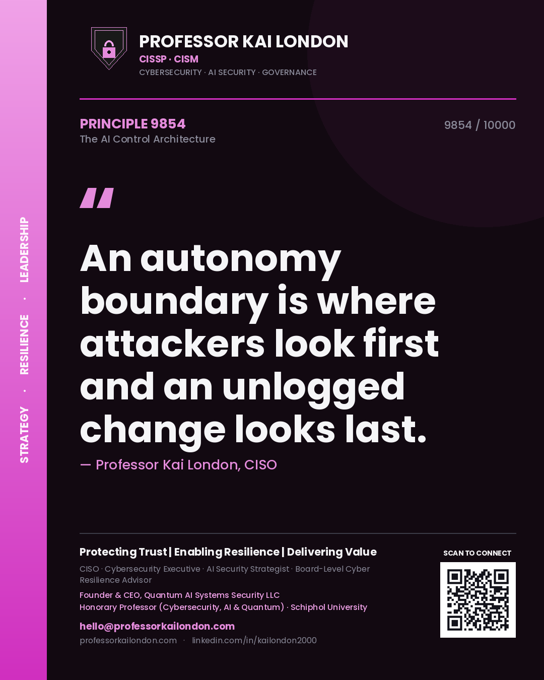 Quote card by Professor Kai London reading 'An autonomy boundary is where attackers look first and an unlogged change looks last.'. From the book The AI Control Architecture.