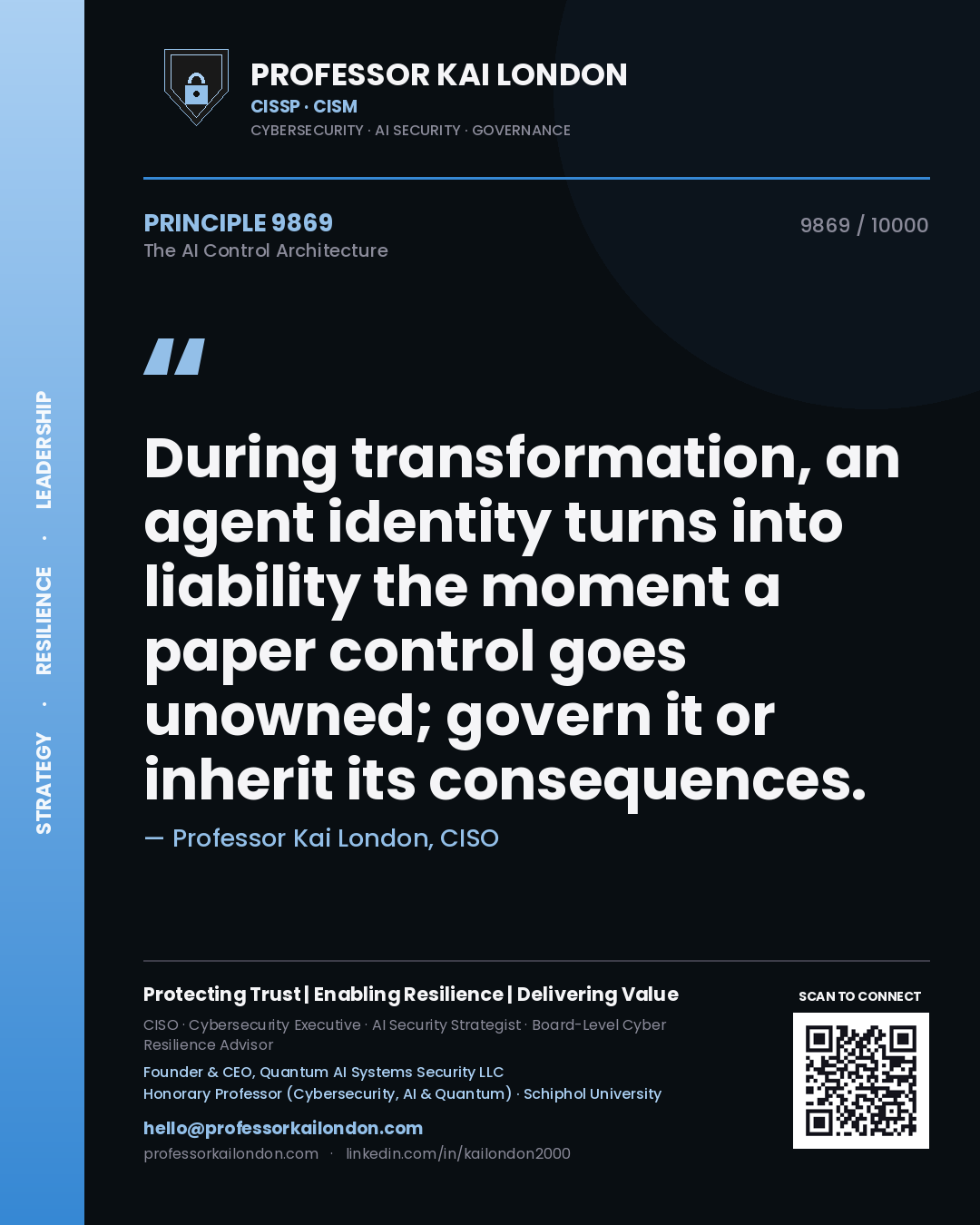 Quote card by Professor Kai London reading 'During transformation, an agent identity turns into liability the moment a paper control goes unowned; govern it or inherit its consequences.'. From the book The AI Control Architecture.