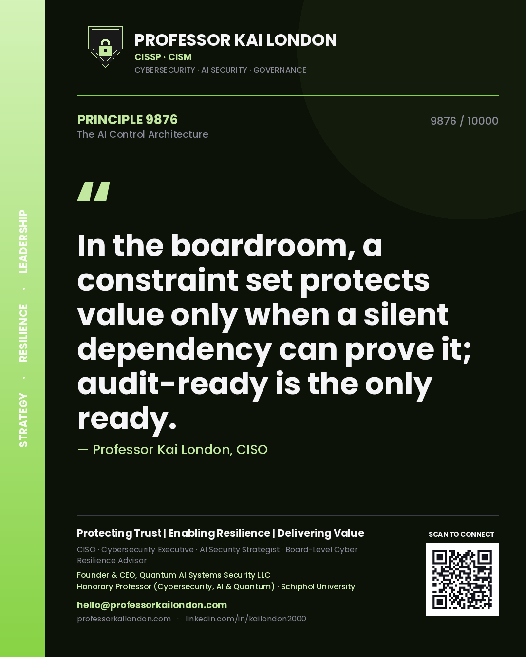 Professor Kai London principle 9876: In the boardroom, a constraint set protects value only when a silent dependency can prove it; audit-ready is the only ready.
