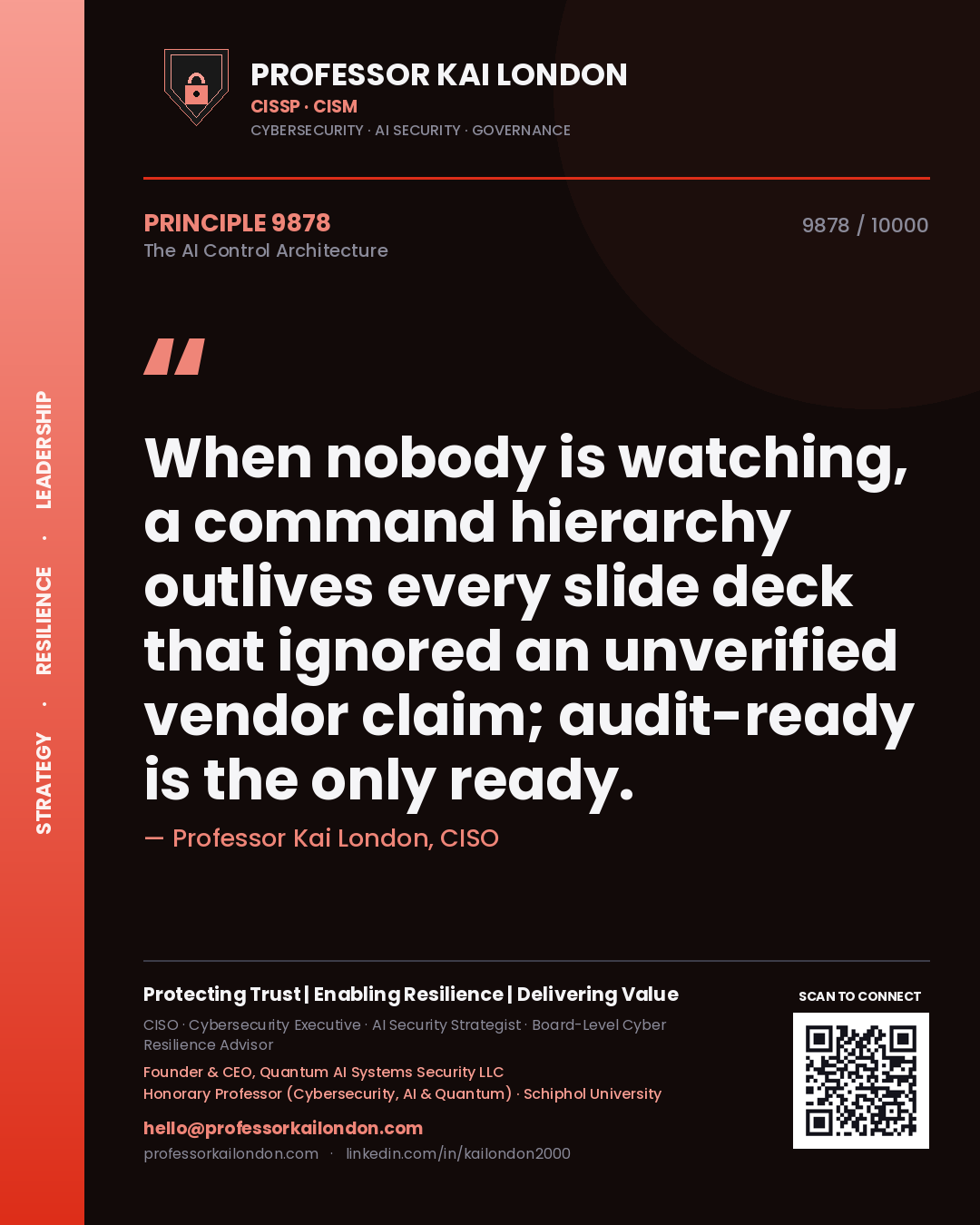 Quote card by Professor Kai London reading 'When nobody is watching, a command hierarchy outlives every slide deck that ignored an unverified vendor claim; audit-ready is the only ready.'. From the book The AI Control Architecture.